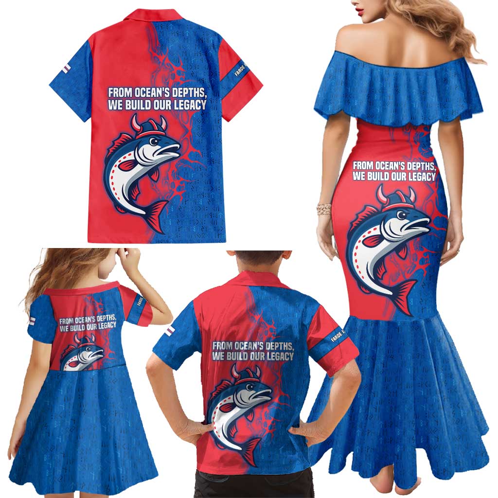 Faroe Islands Family Matching Mermaid Dress and Hawaiian Shirt with Viking Fish Illustration Red Blue Runic Design - Wonder Print Shop