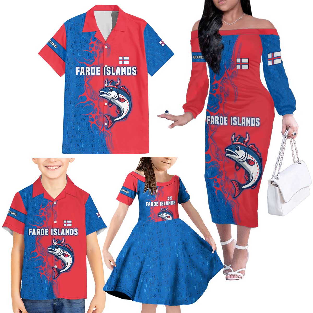 Faroe Islands Family Matching Off The Shoulder Long Sleeve Dress and Hawaiian Shirt with Viking Fish Illustration Red Blue Runic Design - Wonder Print Shop