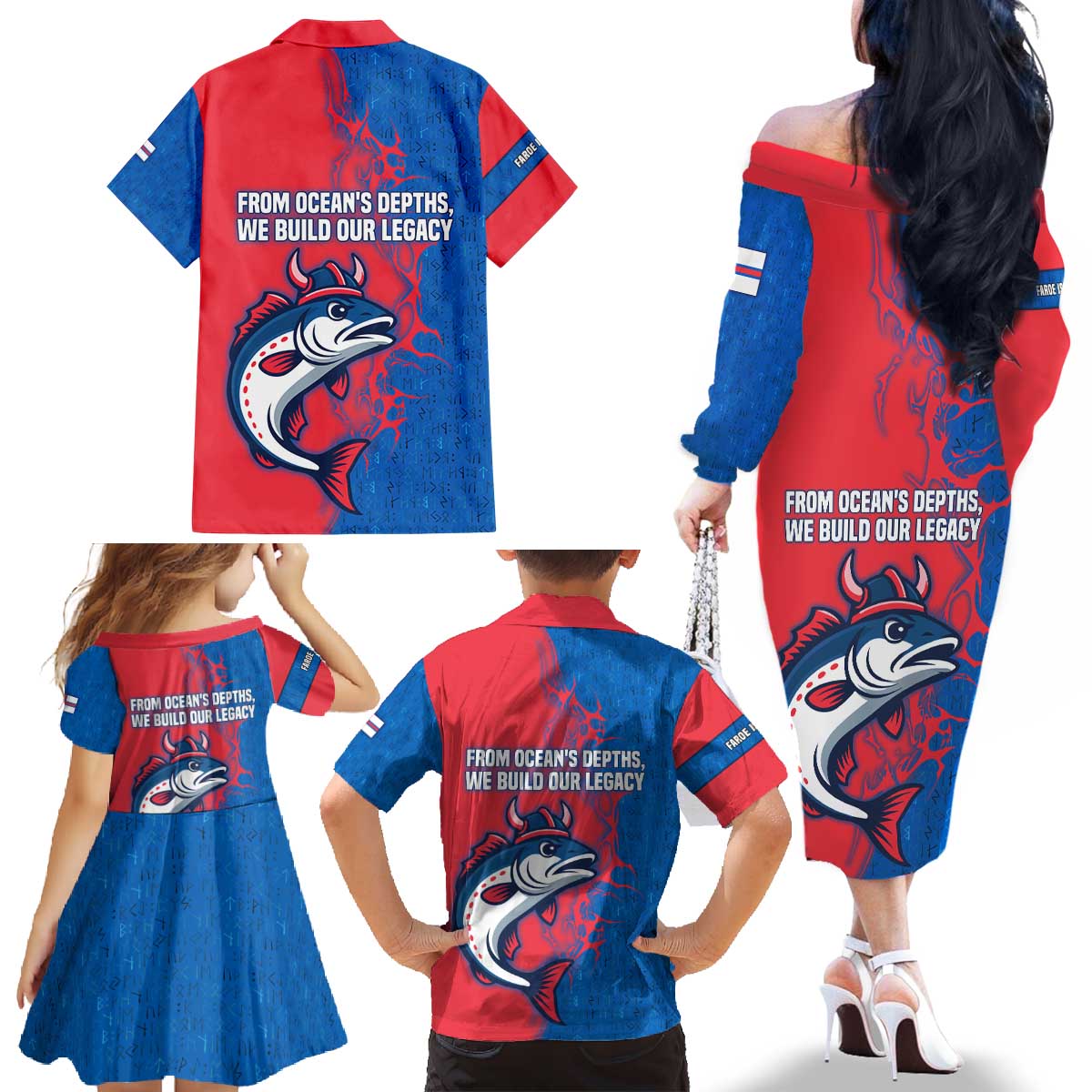 Faroe Islands Family Matching Off The Shoulder Long Sleeve Dress and Hawaiian Shirt with Viking Fish Illustration Red Blue Runic Design - Wonder Print Shop