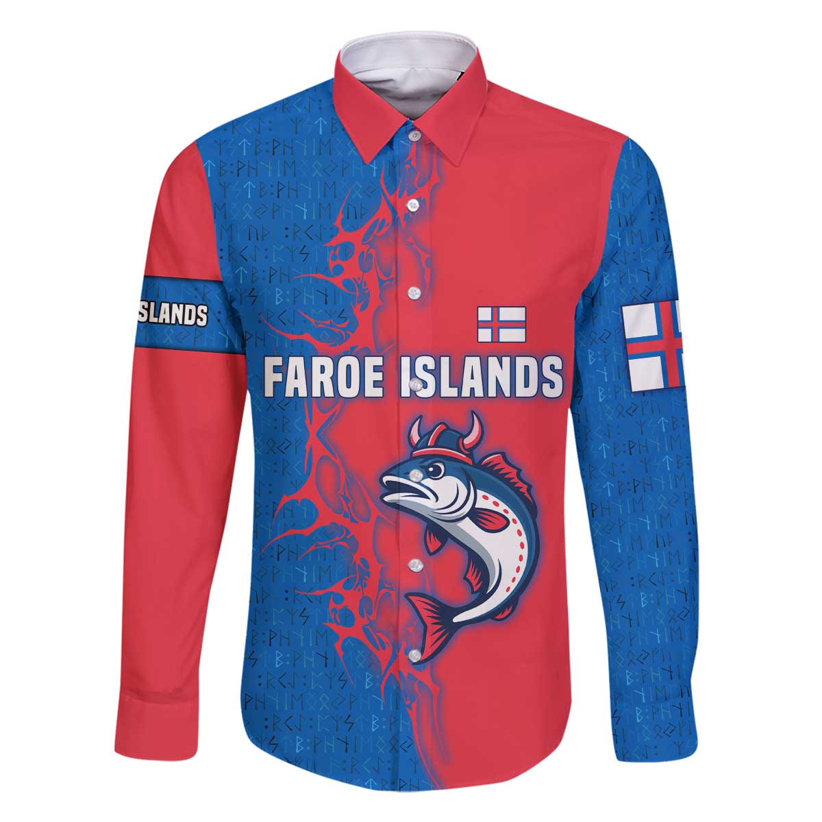 Faroe Islands Family Matching Off The Shoulder Long Sleeve Dress and Hawaiian Shirt with Viking Fish Illustration Red Blue Runic Design - Wonder Print Shop