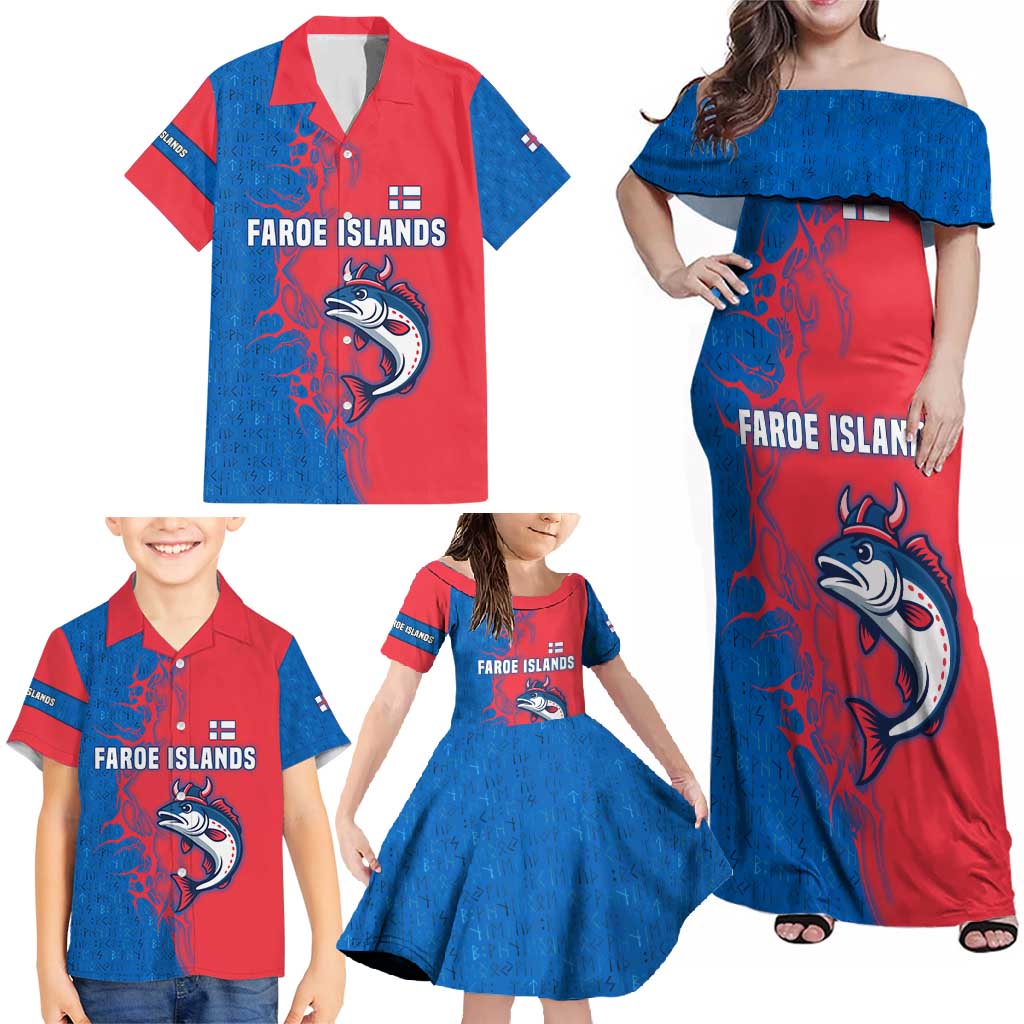 Faroe Islands Family Matching Off Shoulder Maxi Dress and Hawaiian Shirt with Viking Fish Illustration Red Blue Runic Design - Wonder Print Shop