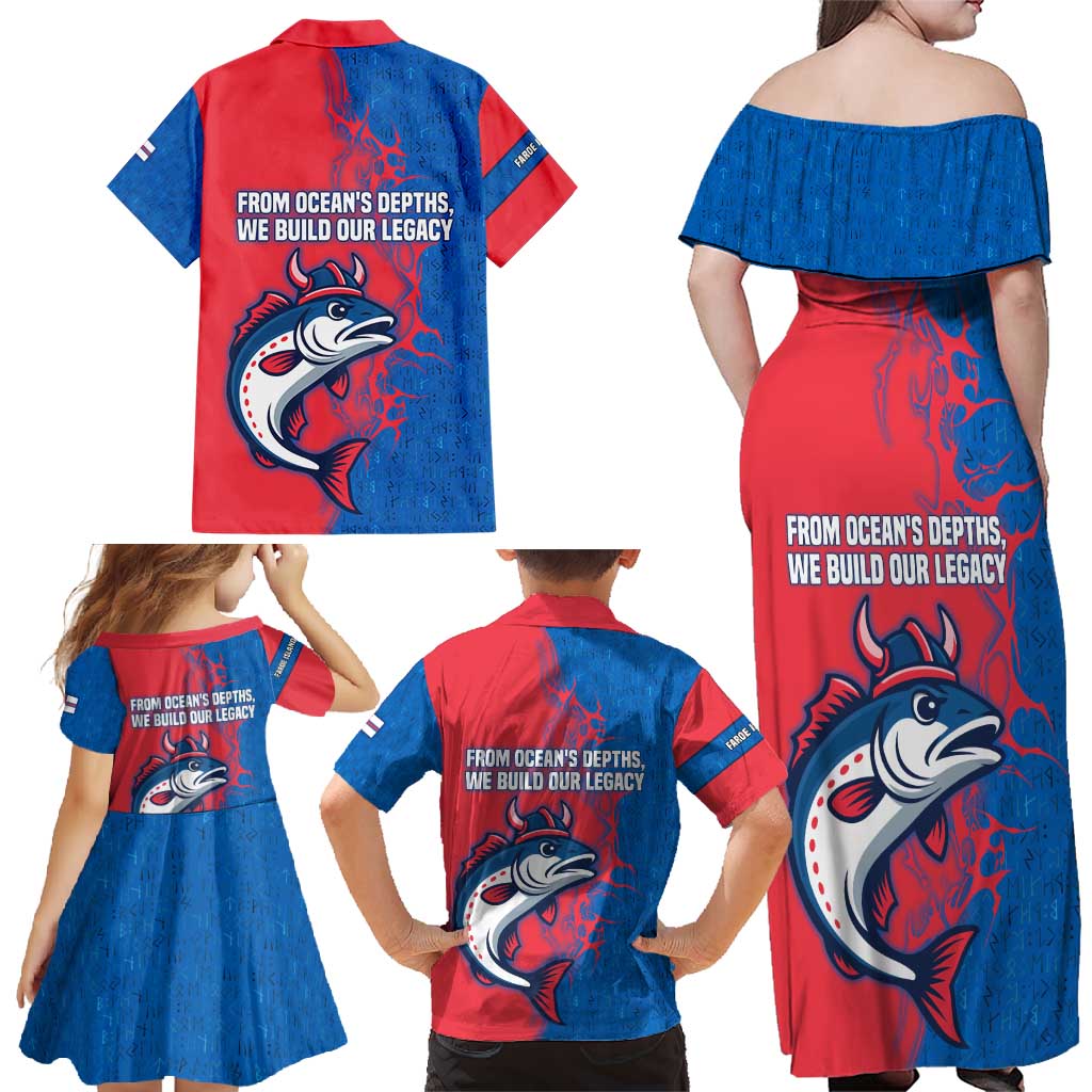 Faroe Islands Family Matching Off Shoulder Maxi Dress and Hawaiian Shirt with Viking Fish Illustration Red Blue Runic Design - Wonder Print Shop