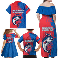 Faroe Islands Family Matching Off Shoulder Maxi Dress and Hawaiian Shirt with Viking Fish Illustration Red Blue Runic Design - Wonder Print Shop
