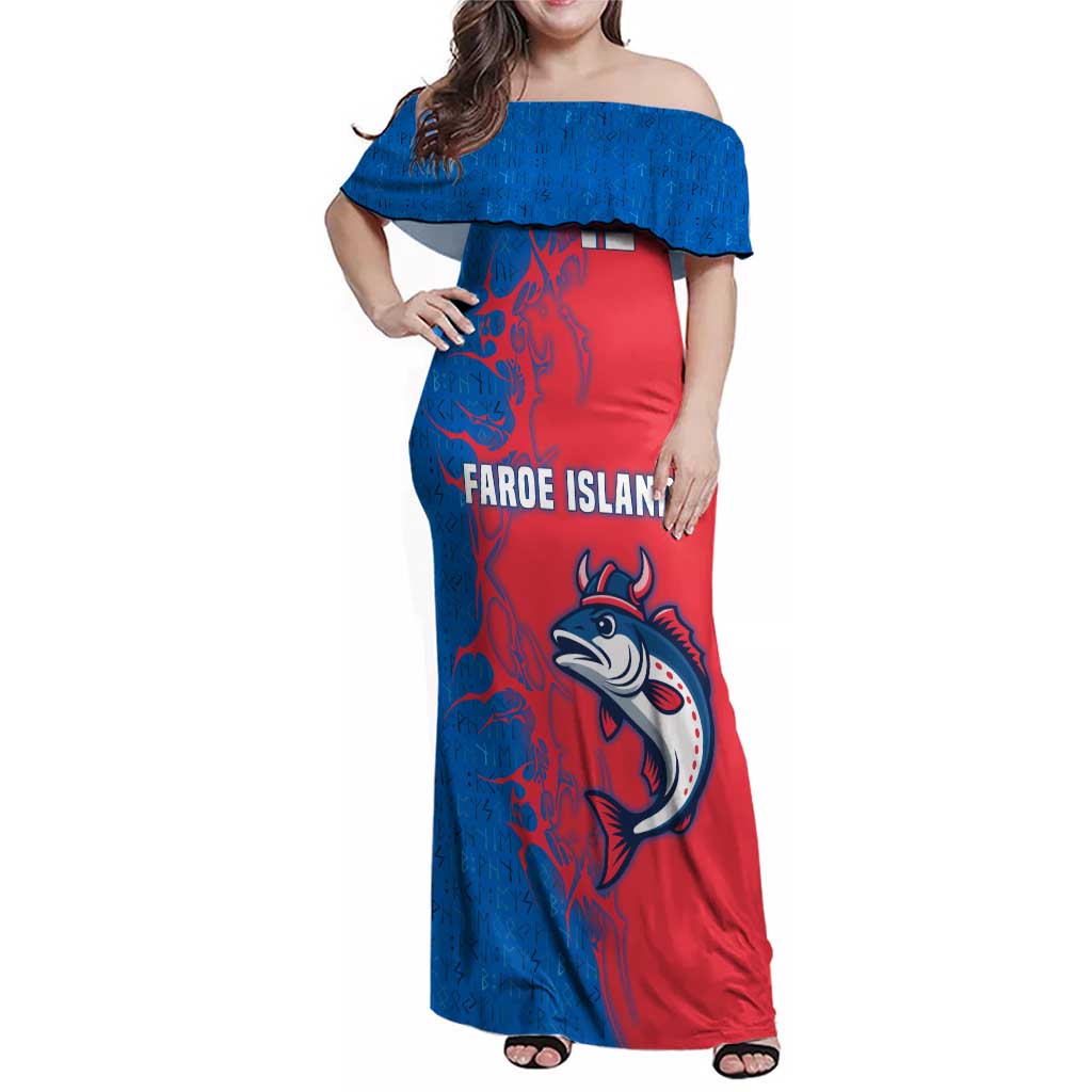 Faroe Islands Family Matching Off Shoulder Maxi Dress and Hawaiian Shirt with Viking Fish Illustration Red Blue Runic Design - Wonder Print Shop
