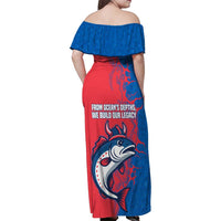 Faroe Islands Family Matching Off Shoulder Maxi Dress and Hawaiian Shirt with Viking Fish Illustration Red Blue Runic Design - Wonder Print Shop