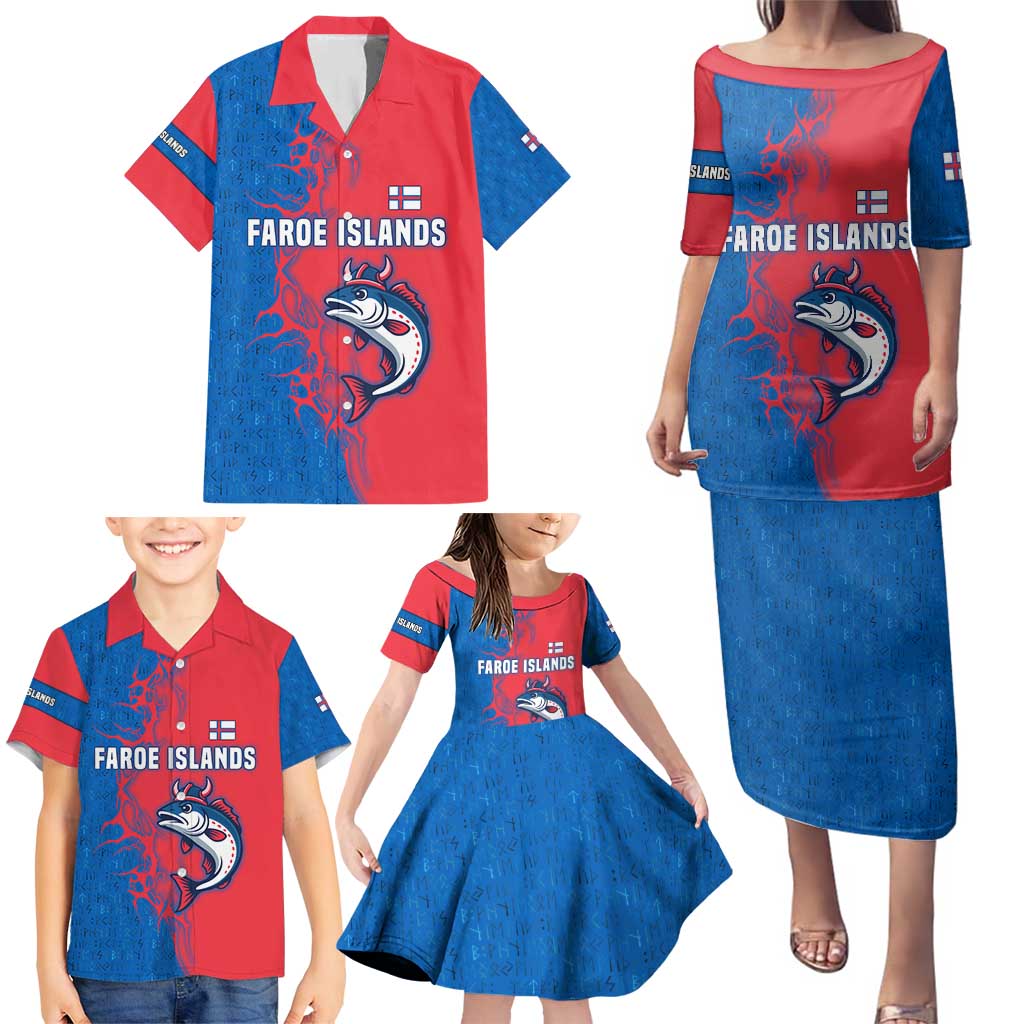 Faroe Islands Family Matching Puletasi and Hawaiian Shirt with Viking Fish Illustration Red Blue Runic Design - Wonder Print Shop