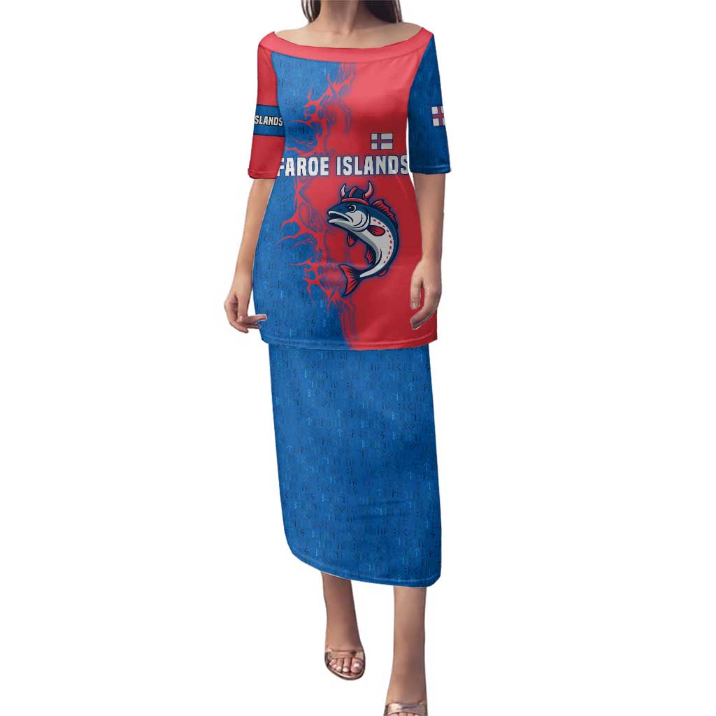 Faroe Islands Family Matching Puletasi and Hawaiian Shirt with Viking Fish Illustration Red Blue Runic Design - Wonder Print Shop