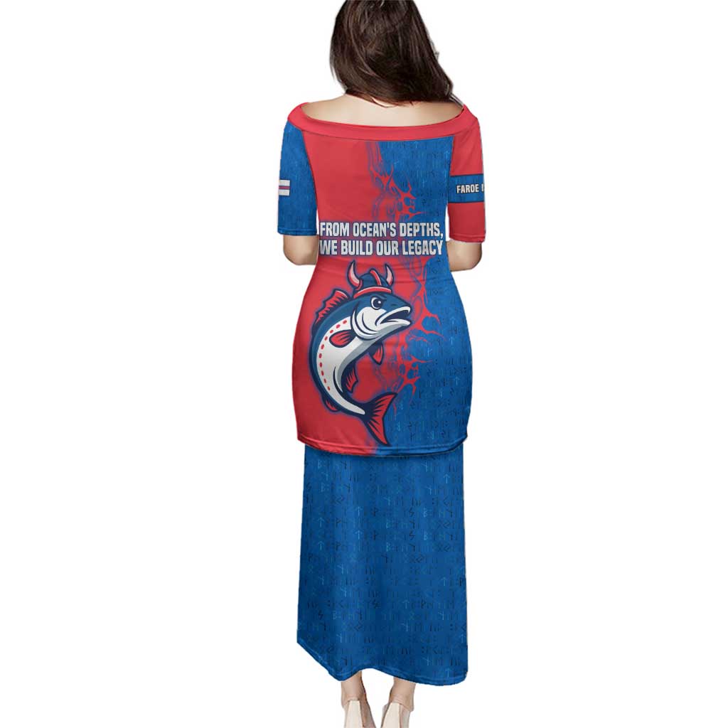 Faroe Islands Family Matching Puletasi and Hawaiian Shirt with Viking Fish Illustration Red Blue Runic Design - Wonder Print Shop