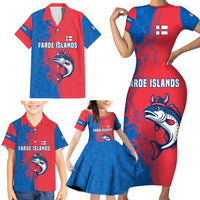 Faroe Islands Family Matching Short Sleeve Bodycon Dress and Hawaiian Shirt with Viking Fish Illustration Red Blue Runic Design - Wonder Print Shop