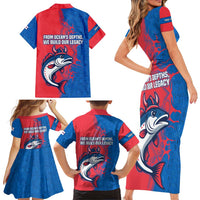 Faroe Islands Family Matching Short Sleeve Bodycon Dress and Hawaiian Shirt with Viking Fish Illustration Red Blue Runic Design - Wonder Print Shop