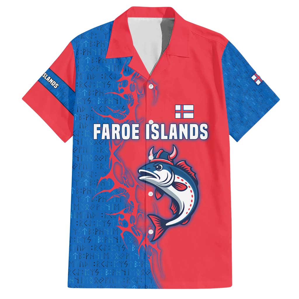 Faroe Islands Family Matching Short Sleeve Bodycon Dress and Hawaiian Shirt with Viking Fish Illustration Red Blue Runic Design - Wonder Print Shop