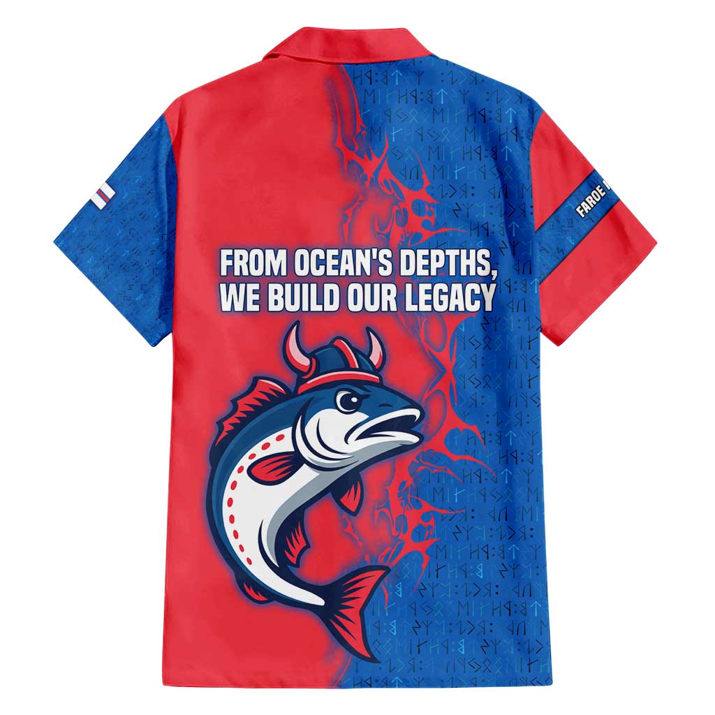 Faroe Islands Family Matching Short Sleeve Bodycon Dress and Hawaiian Shirt with Viking Fish Illustration Red Blue Runic Design - Wonder Print Shop