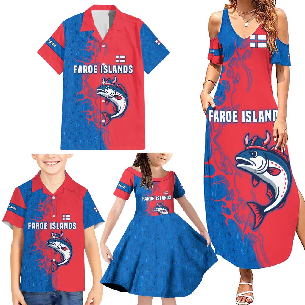 Faroe Islands Family Matching Summer Maxi Dress and Hawaiian Shirt with Viking Fish Illustration Red Blue Runic Design - Wonder Print Shop