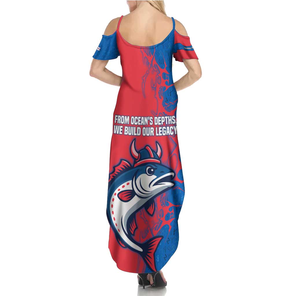 Faroe Islands Family Matching Summer Maxi Dress and Hawaiian Shirt with Viking Fish Illustration Red Blue Runic Design - Wonder Print Shop