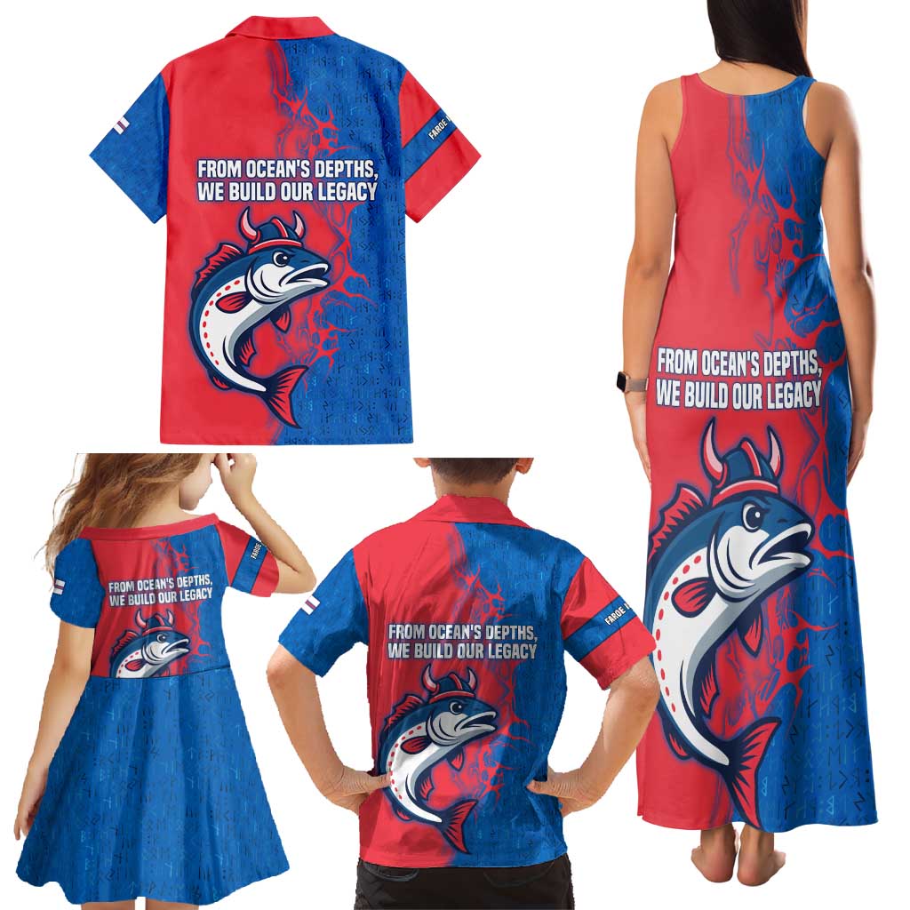 Faroe Islands Family Matching Tank Maxi Dress and Hawaiian Shirt with Viking Fish Illustration Red Blue Runic Design - Wonder Print Shop