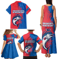 Faroe Islands Family Matching Tank Maxi Dress and Hawaiian Shirt with Viking Fish Illustration Red Blue Runic Design - Wonder Print Shop