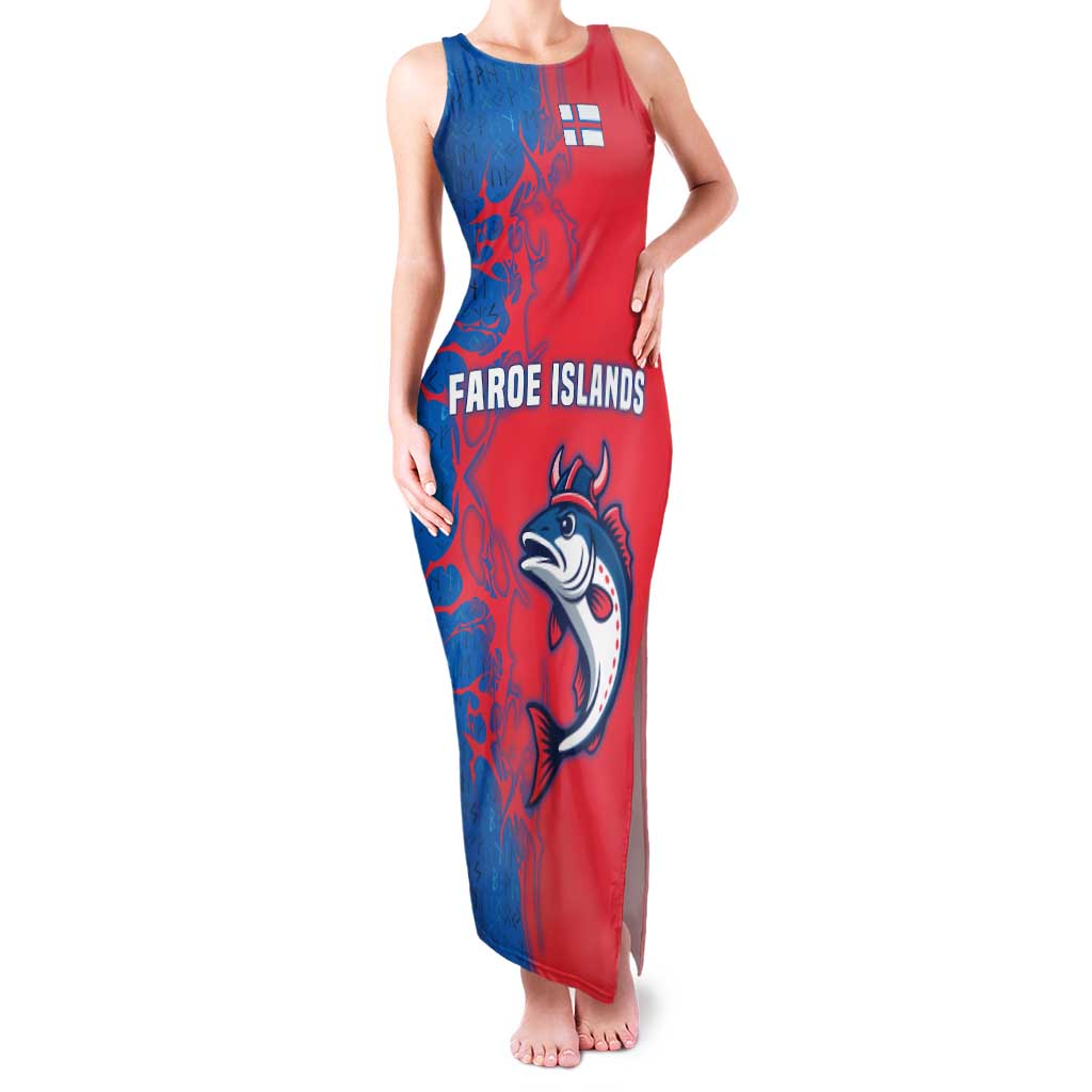 Faroe Islands Family Matching Tank Maxi Dress and Hawaiian Shirt with Viking Fish Illustration Red Blue Runic Design - Wonder Print Shop