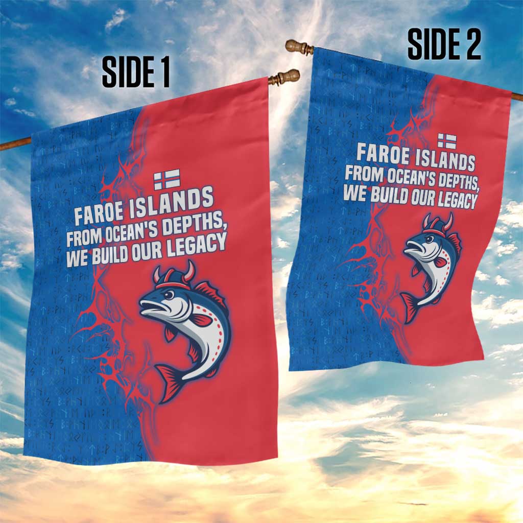 Faroe Islands Garden Flag with Viking Fish Illustration Red Blue Runic Design - Wonder Print Shop