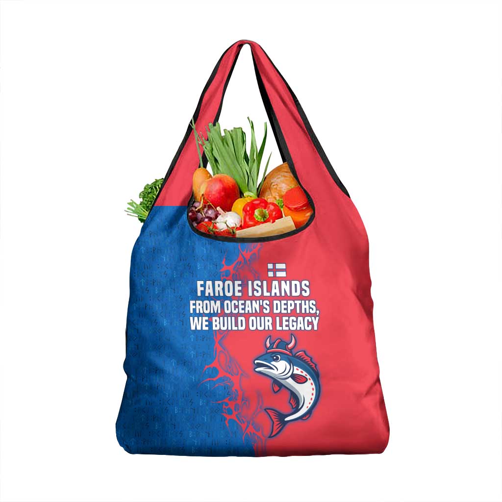 Faroe Islands Grocery Bag with Viking Fish Illustration Red Blue Runic Design - Wonder Print Shop