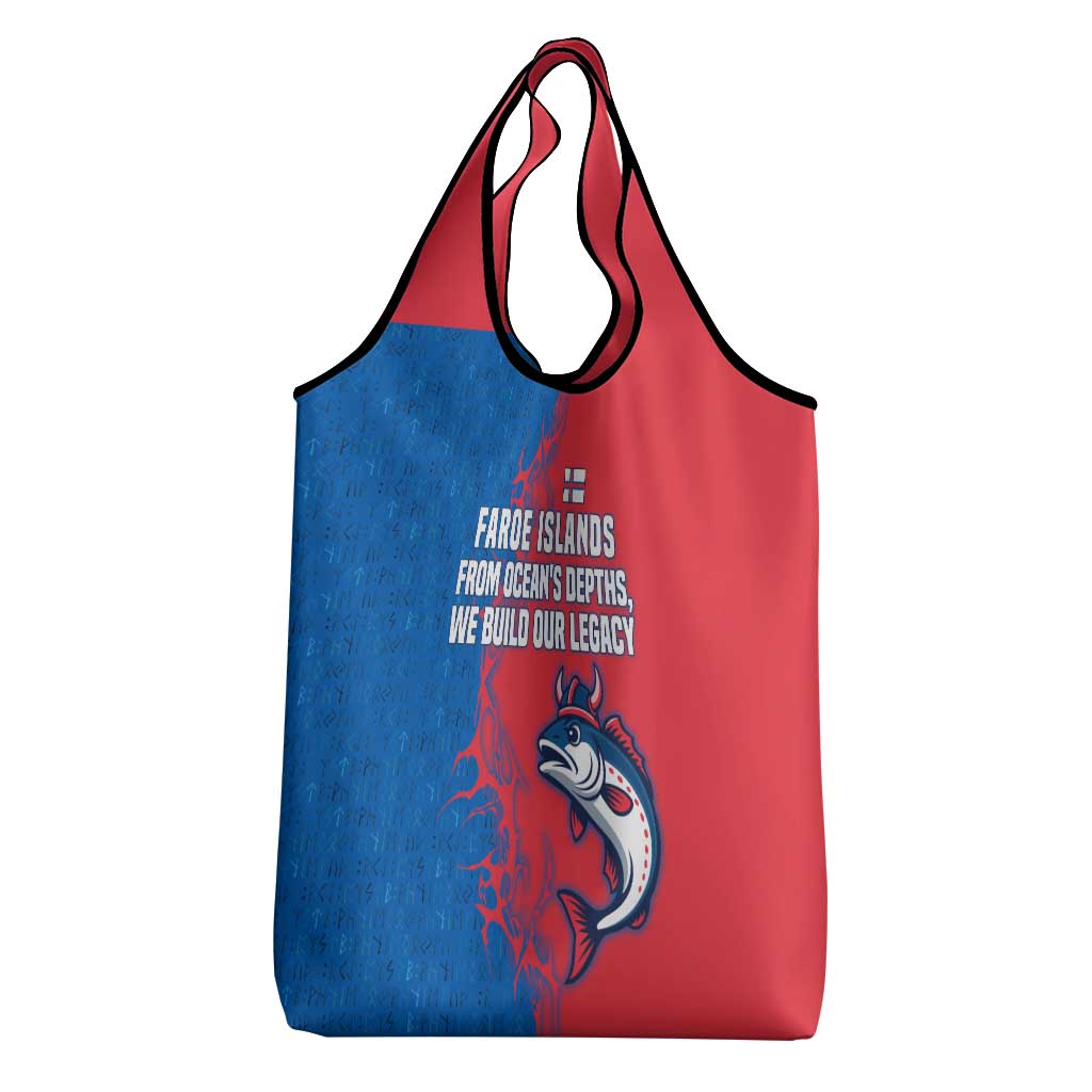 Faroe Islands Grocery Bag with Viking Fish Illustration Red Blue Runic Design - Wonder Print Shop