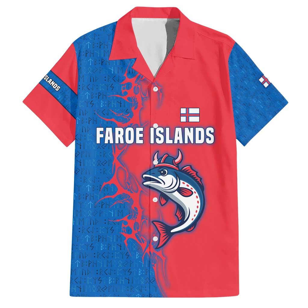 Faroe Islands Hawaiian Shirt with Viking Fish Illustration Red Blue Runic Design - Wonder Print Shop