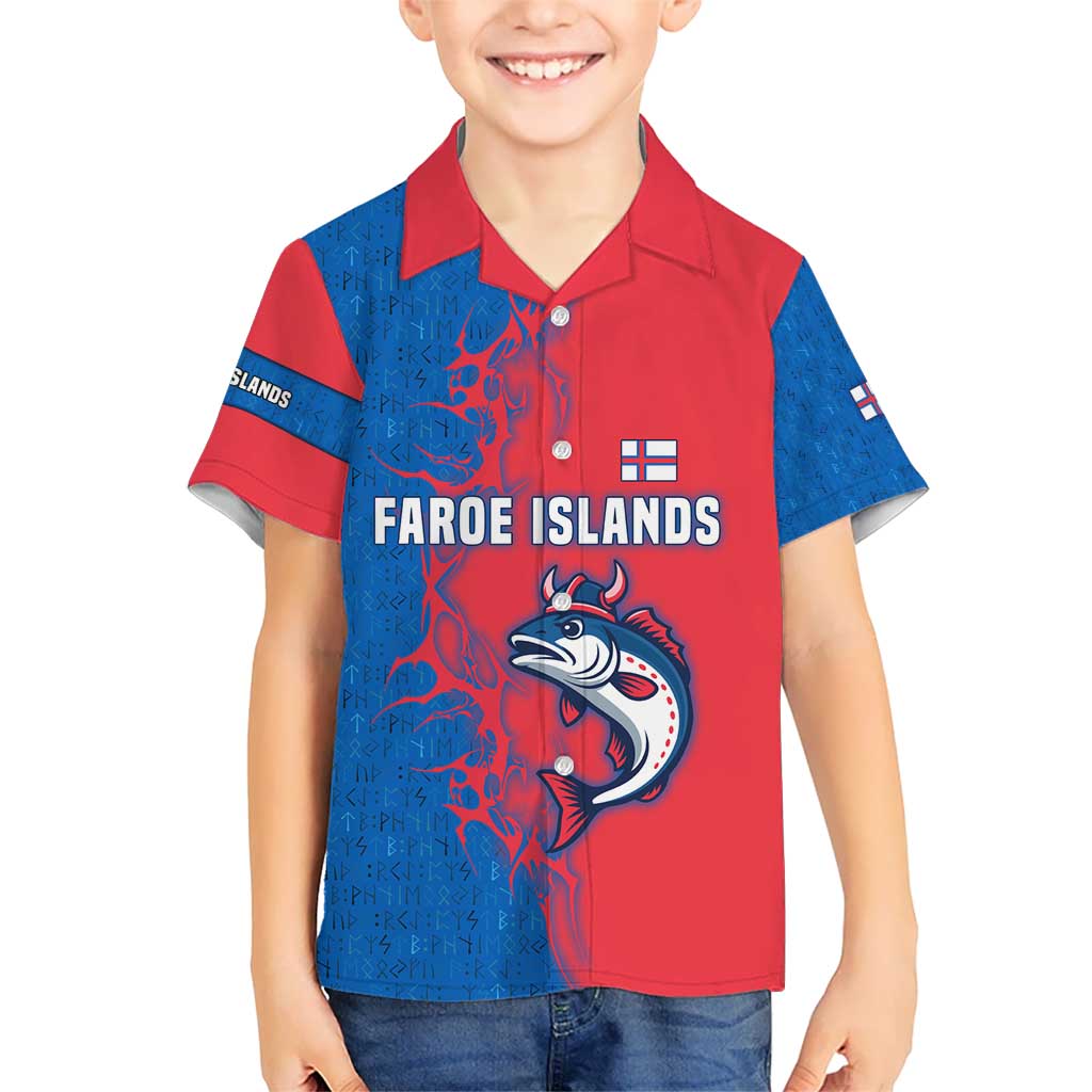 Faroe Islands Hawaiian Shirt with Viking Fish Illustration Red Blue Runic Design - Wonder Print Shop