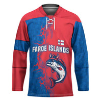 Faroe Islands Hockey Jersey with Viking Fish Illustration Red Blue Runic Design - Wonder Print Shop