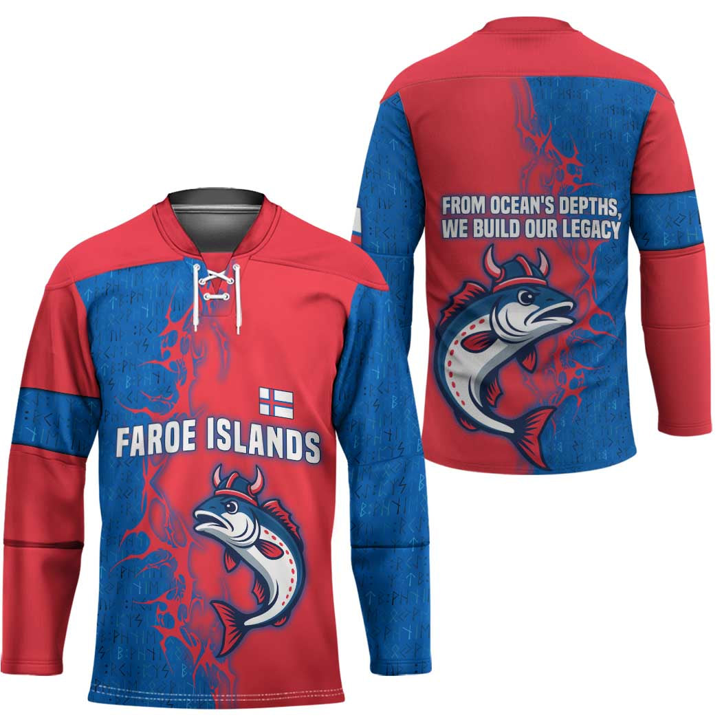 Faroe Islands Hockey Jersey with Viking Fish Illustration Red Blue Runic Design - Wonder Print Shop