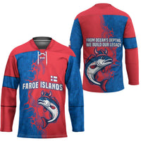 Faroe Islands Hockey Jersey with Viking Fish Illustration Red Blue Runic Design - Wonder Print Shop