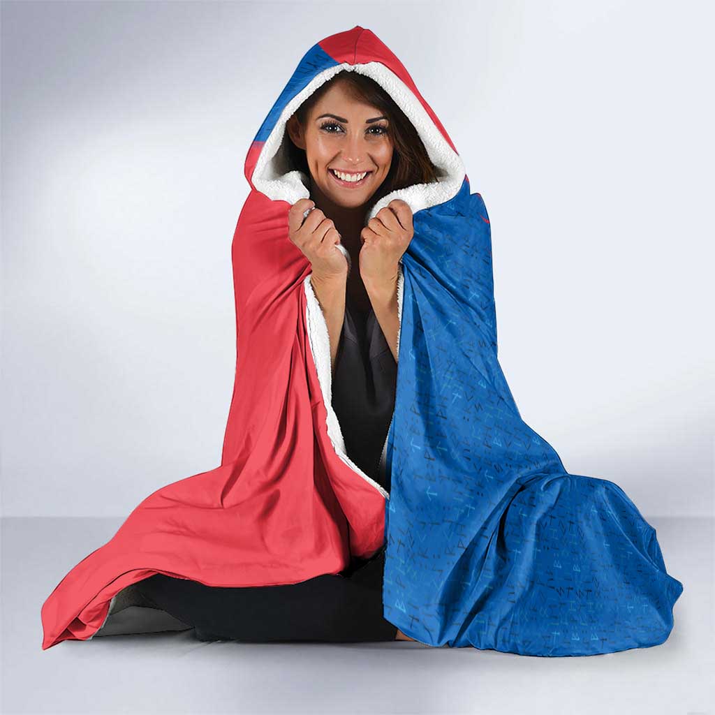Faroe Islands Hooded Blanket with Viking Fish Illustration Red Blue Runic Design - Wonder Print Shop