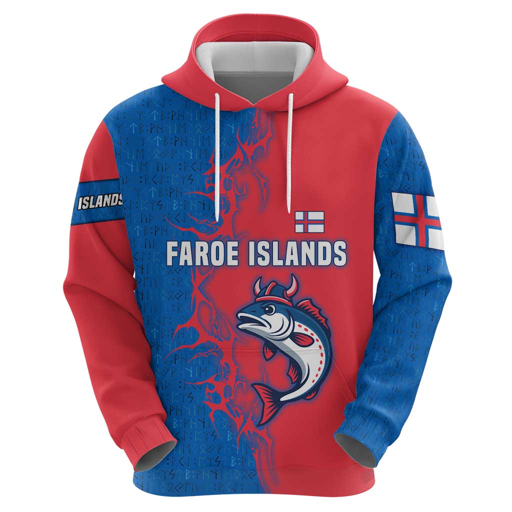 Faroe Islands Hoodie with Viking Fish Illustration Red Blue Runic Design - Wonder Print Shop