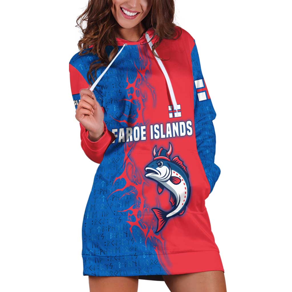 Faroe Islands Hoodie Dress with Viking Fish Illustration Red Blue Runic Design - Wonder Print Shop