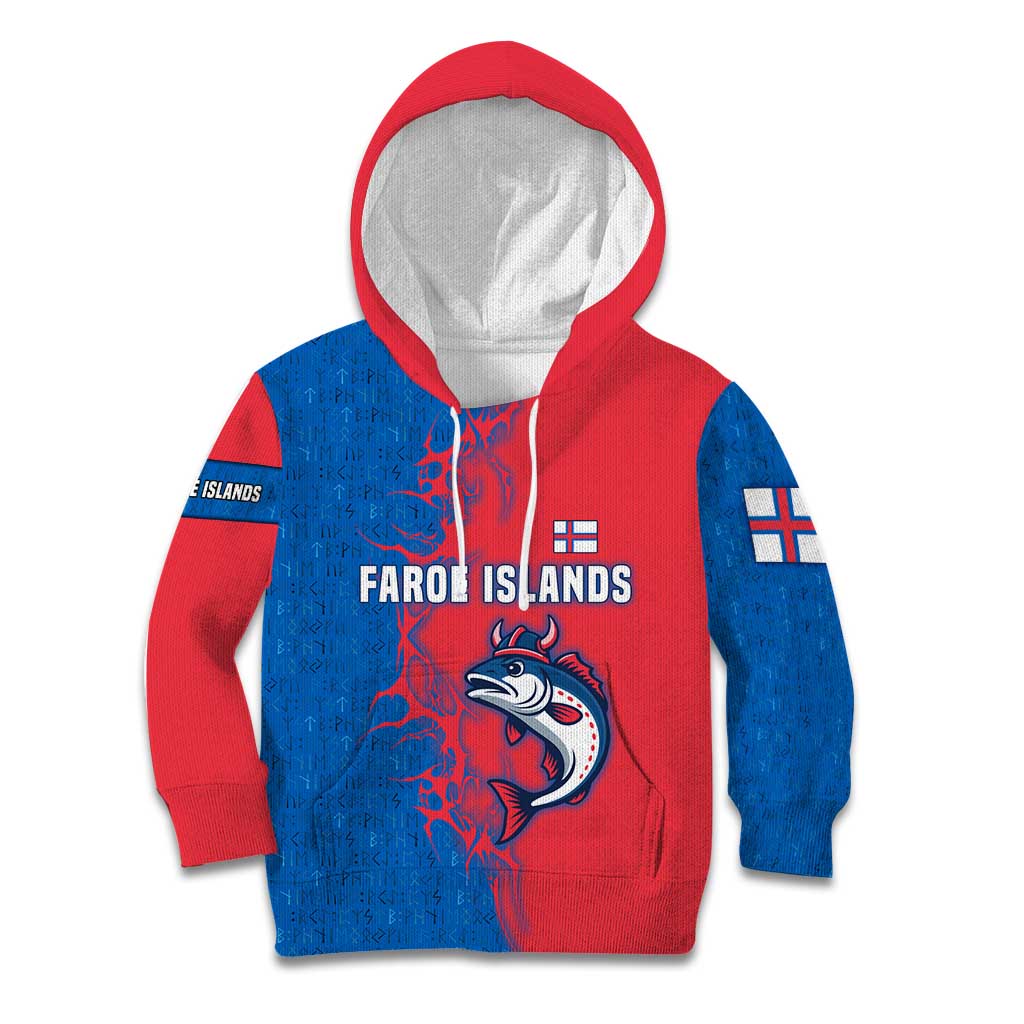 Faroe Islands Kid Hoodie with Viking Fish Illustration Red Blue Runic Design - Wonder Print Shop