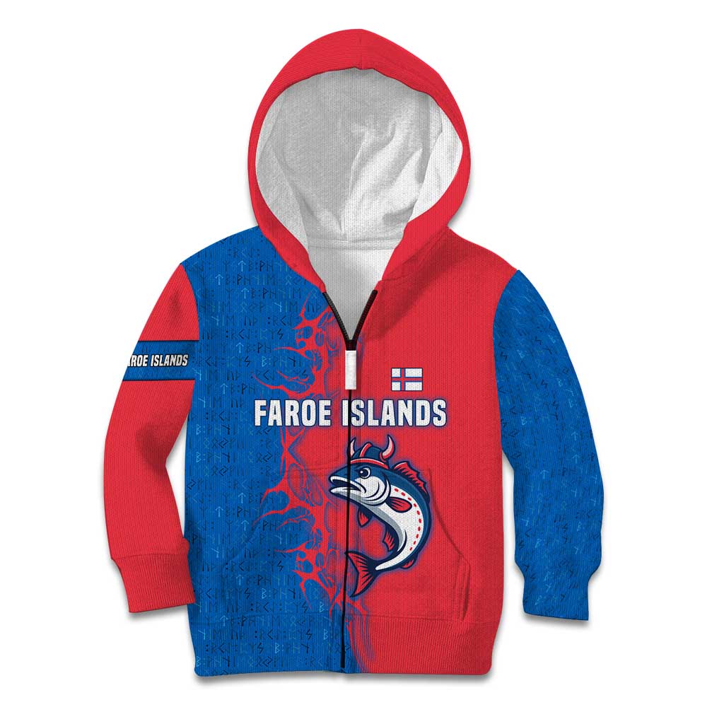 Faroe Islands Kid Hoodie with Viking Fish Illustration Red Blue Runic Design - Wonder Print Shop