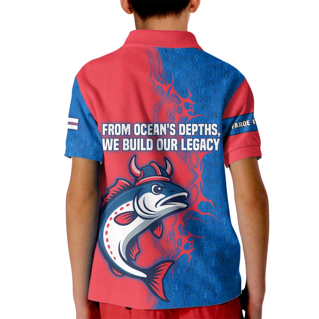 Faroe Islands Kid Polo Shirt with Viking Fish Illustration Red Blue Runic Design - Wonder Print Shop