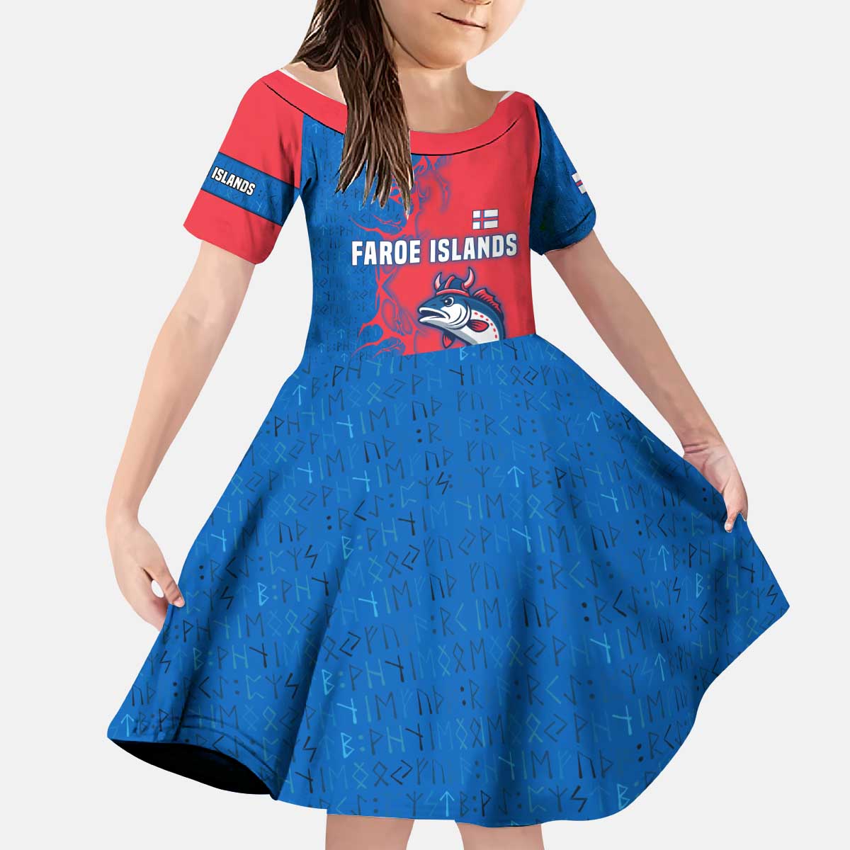 Faroe Islands Kid Short Sleeve Dress with Viking Fish Illustration Red Blue Runic Design - Wonder Print Shop