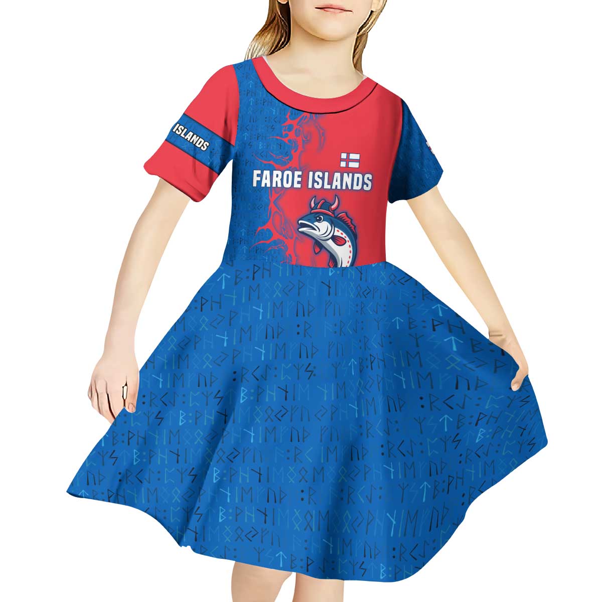 Faroe Islands Kid Short Sleeve Dress with Viking Fish Illustration Red Blue Runic Design - Wonder Print Shop