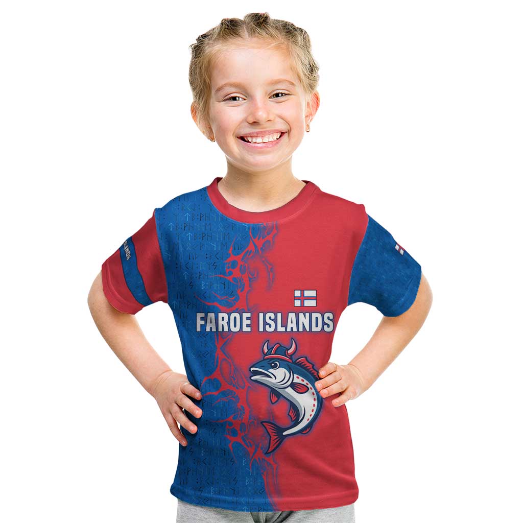 Faroe Islands Kid T Shirt with Viking Fish Illustration Red Blue Runic Design - Wonder Print Shop