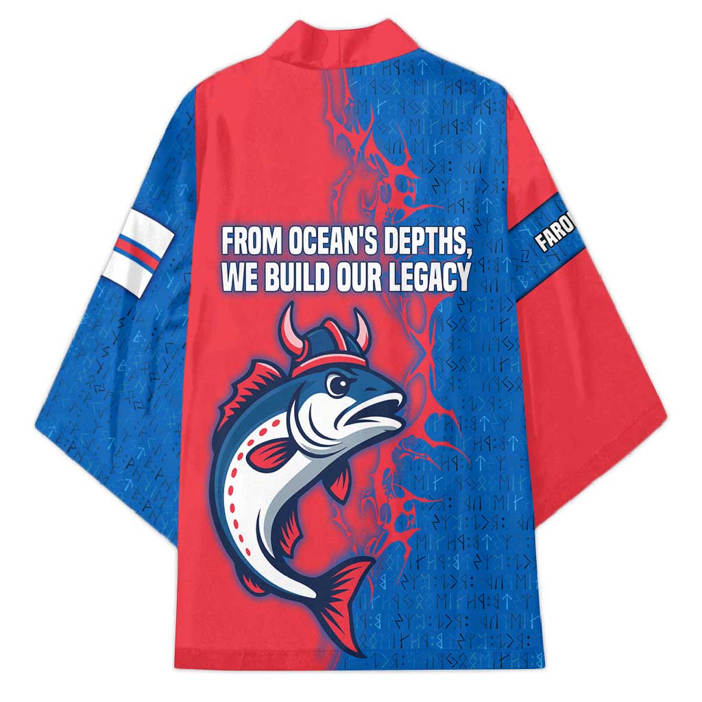 Faroe Islands Kimono with Viking Fish Illustration Red Blue Runic Design - Wonder Print Shop