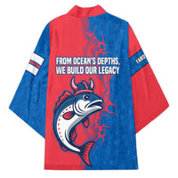 Faroe Islands Kimono with Viking Fish Illustration Red Blue Runic Design - Wonder Print Shop