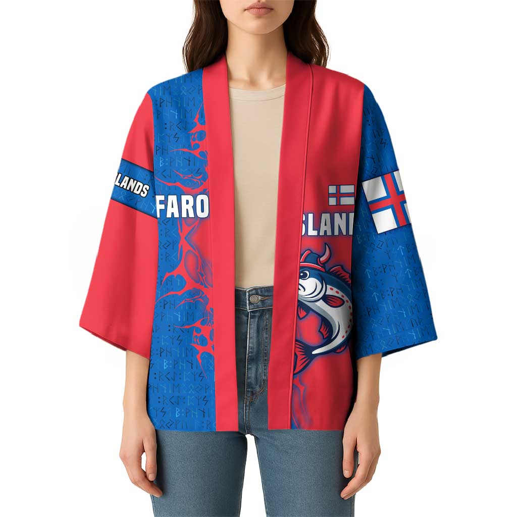 Faroe Islands Kimono with Viking Fish Illustration Red Blue Runic Design - Wonder Print Shop