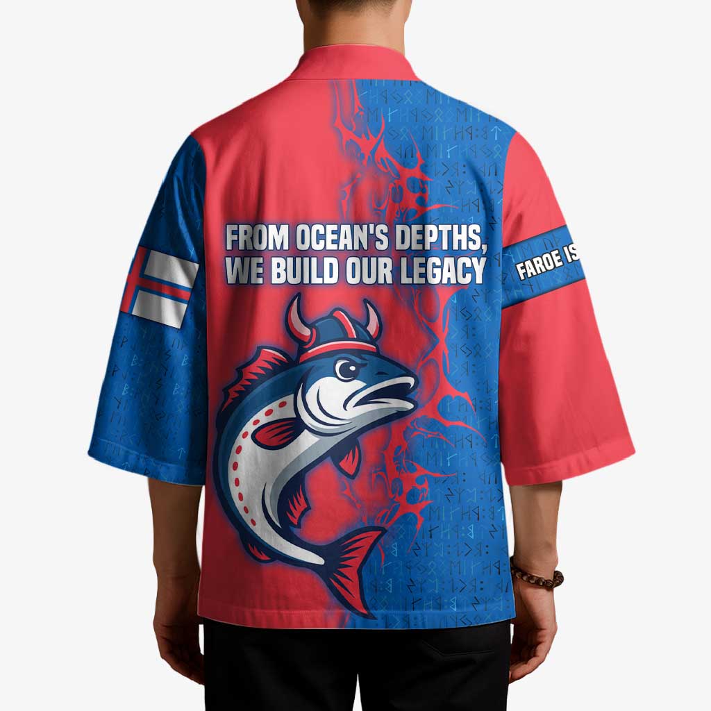 Faroe Islands Kimono with Viking Fish Illustration Red Blue Runic Design - Wonder Print Shop