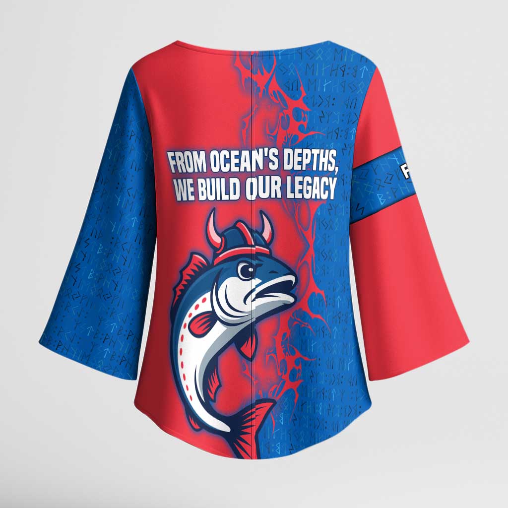 Faroe Islands Kimono Sleeve Blouse with Viking Fish Illustration Red Blue Runic Design - Wonder Print Shop