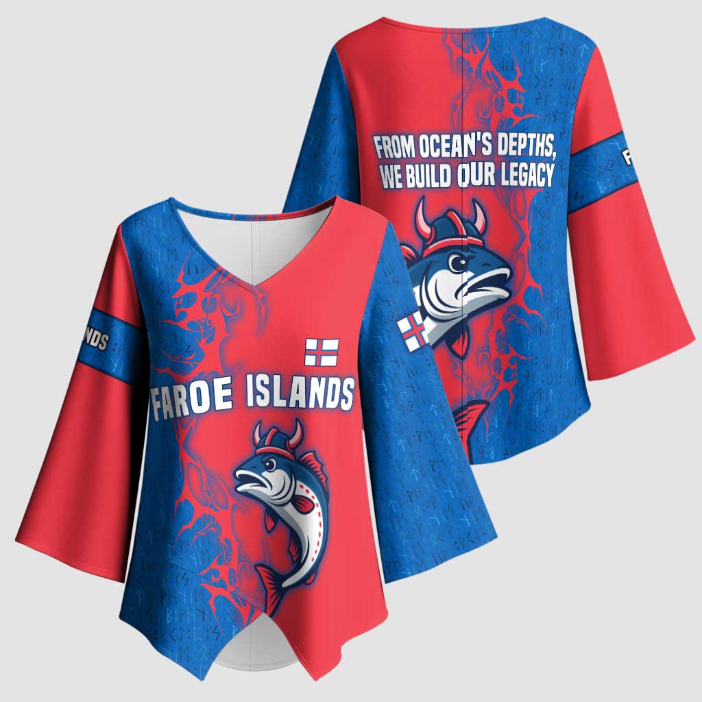 Faroe Islands Kimono Sleeve Blouse with Viking Fish Illustration Red Blue Runic Design - Wonder Print Shop