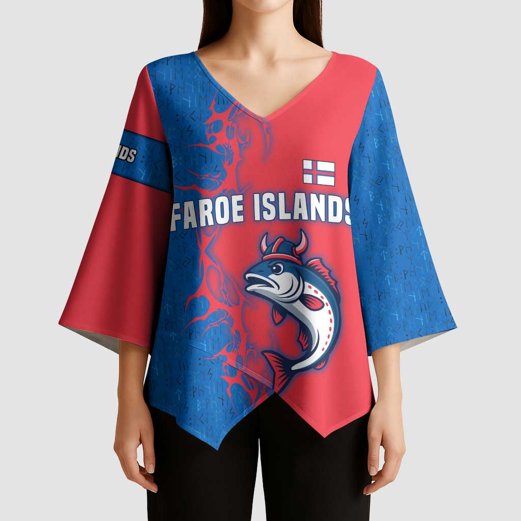 Faroe Islands Kimono Sleeve Blouse with Viking Fish Illustration Red Blue Runic Design - Wonder Print Shop