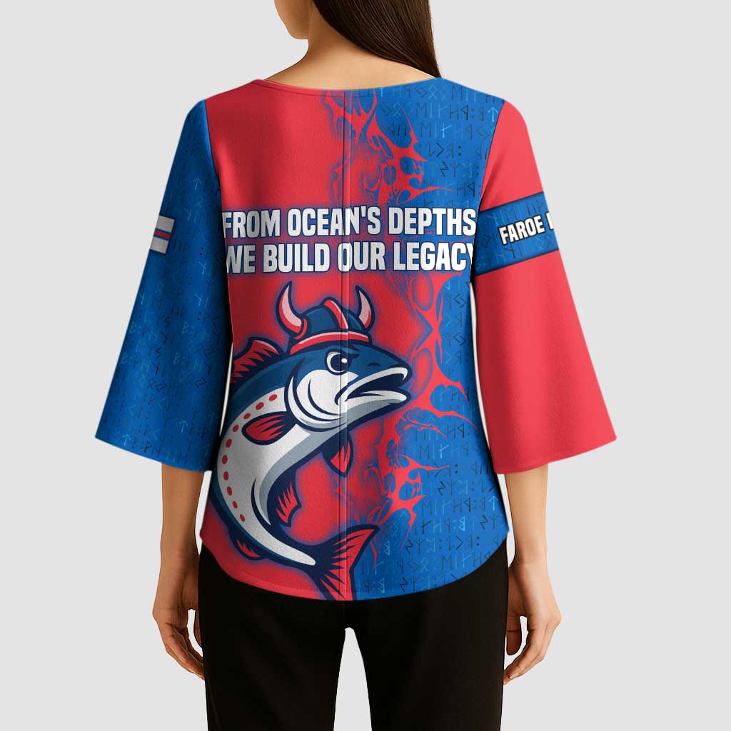 Faroe Islands Kimono Sleeve Blouse with Viking Fish Illustration Red Blue Runic Design - Wonder Print Shop