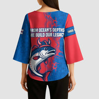 Faroe Islands Kimono Sleeve Blouse with Viking Fish Illustration Red Blue Runic Design - Wonder Print Shop