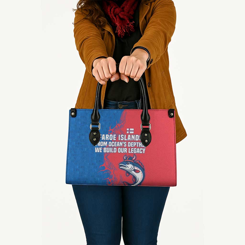 Faroe Islands Leather Bag with Viking Fish Illustration Red Blue Runic Design - Wonder Print Shop