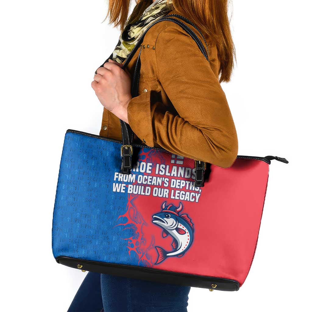 Faroe Islands Leather Tote Bag with Viking Fish Illustration Red Blue Runic Design - Wonder Print Shop