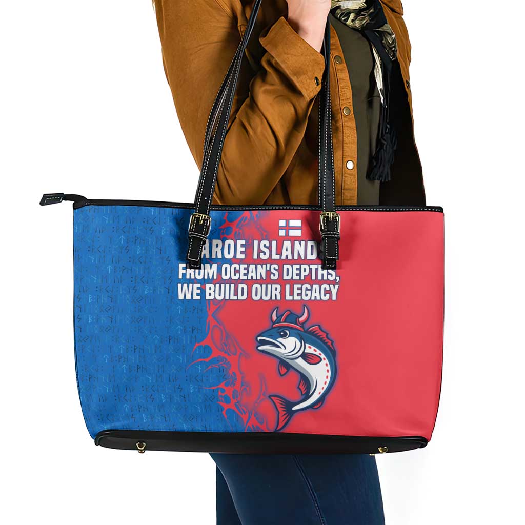 Faroe Islands Leather Tote Bag with Viking Fish Illustration Red Blue Runic Design - Wonder Print Shop